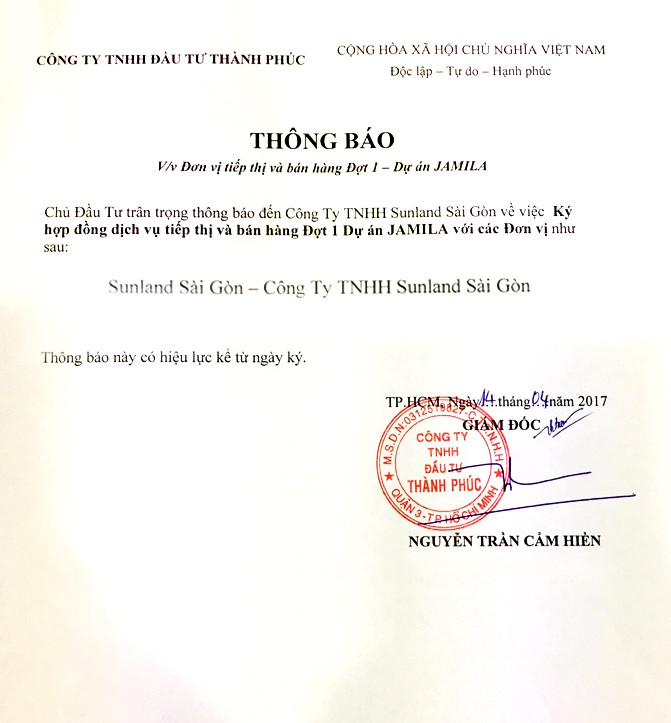 Thông báo chứng nhận SunlandSG là đại lý F1 căn hộ jamila của Khang Điền