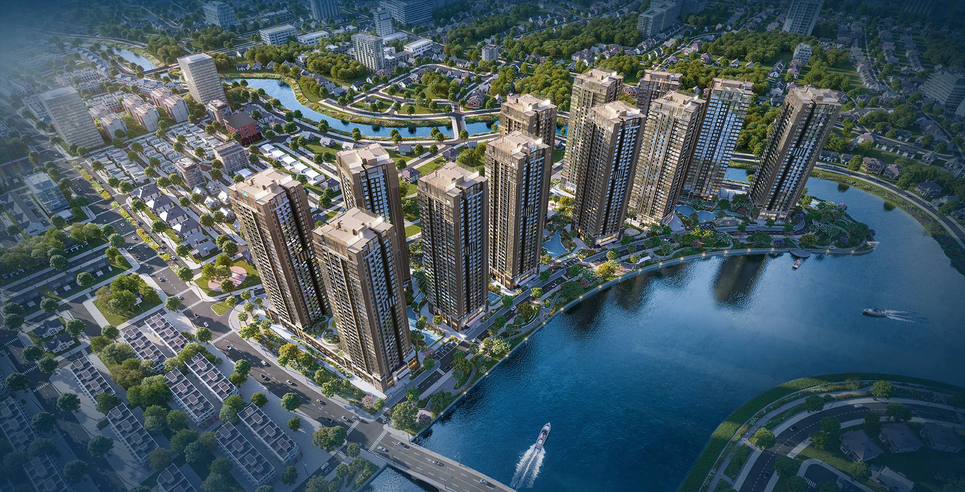 Phối cảnh toàn cảnh mặt bằng 12 khối tháp The Privé BLUEMARQ bán đảo 3 mặt sông Nam Rạch Chiếc