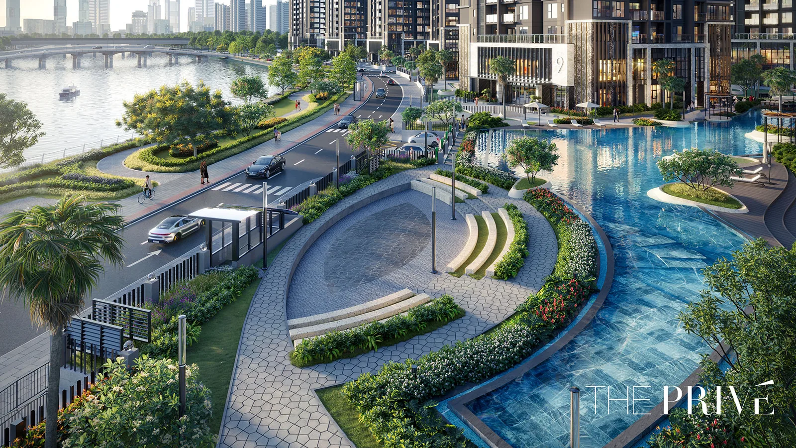 Phối cảnh kiến trúc tổng thể các toà tháp ven sông The Privé BLUEMARQ Nam Rạch Chiếc